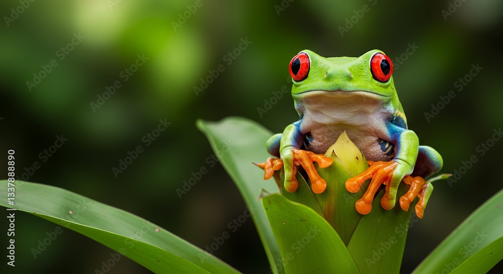 Obraz premium Red Eyed Tree Frog Resting on Tropical Green Plant Leaf