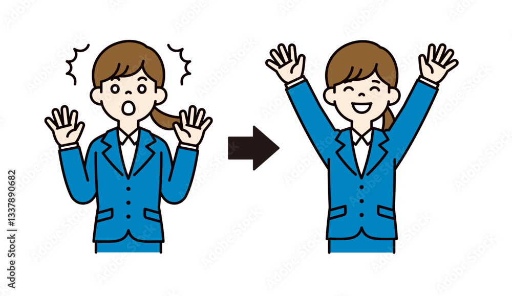 驚いた表情と大喜びする表情の、就活中の女性のベクターイラスト素材_線幅の編集可能_カラー 驚いた表情と大喜びする表情の、就活中の女性のベクターイラスト素材_線幅の編集可能_カラー