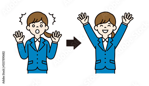 驚いた表情と大喜びする表情の、就活中の女性のベクターイラスト素材＿線幅の編集可能＿カラー