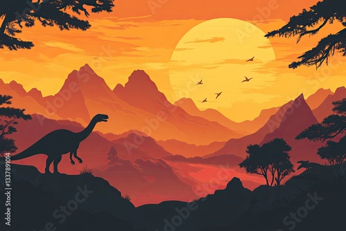 Fototapeta Naklejka Na Ścianę i Meble -  A 1950s-style travel postcard featuring a majestic prehistoric landscape with a dinosaur silhouette and space for greetings