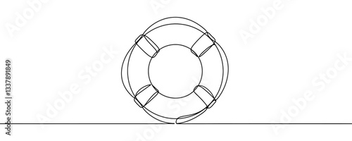 Single continuous line drawing lifebuoy, rescue belts, inflatable rubber ring with rope for help and safety of life drowning. Rescue ring for quick help. One line draw design vector illustration