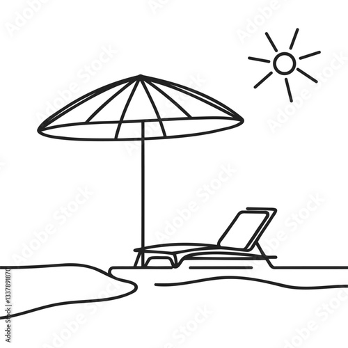 Beach umbrella and Sun loungers. Sunbeds with parasol. Vacation icon, summertime relax. Vector illustration isolated.