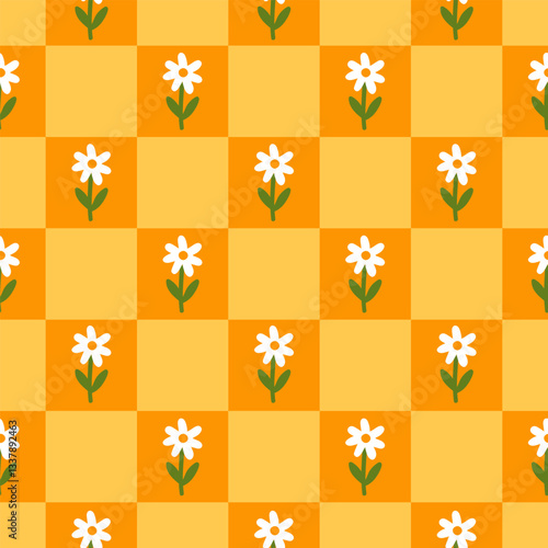 Retro checkerboard seamless pattern with hand drawn daisy flowers. Yellow, orange, green and white colors. Cute colorful trendy vector illustration in style 70s, 80s
