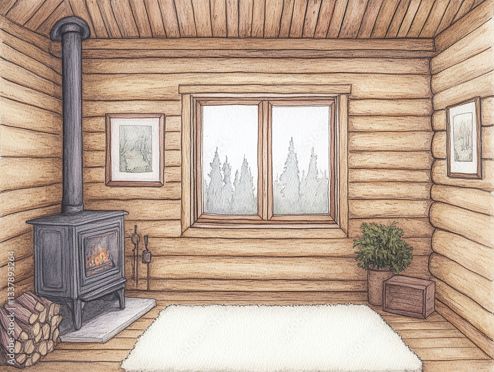 Naklejka premium Charming Log Cabin Interior Watercolor Painting