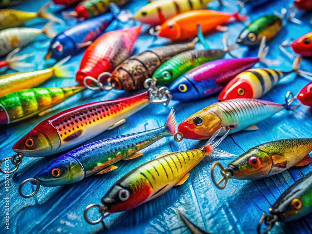 Fototapeta premium Vibrant Fishing Lures on Blue Background - Colorful Tackle Stock Photo