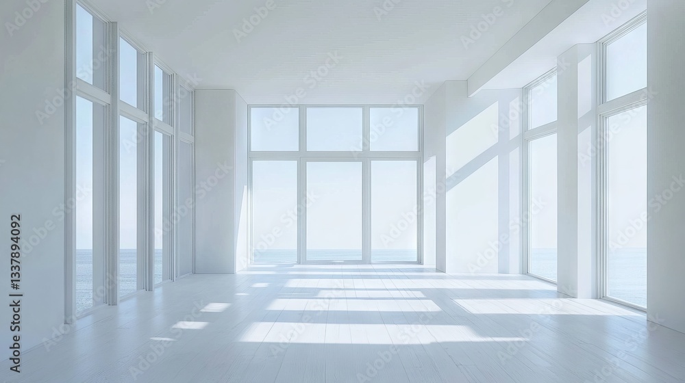 Obraz premium 48.Modern Scandinavian interior featuring an open, white room with natural light flooding through large windows, minimal decor, and clean architectural lines for a tranquil and airy feel.