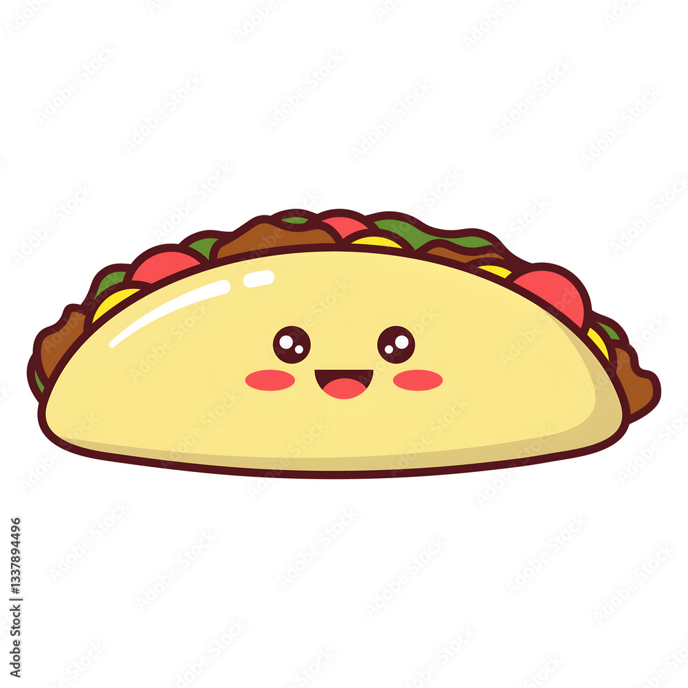 This image depicts a smiling cartoon taco filled with vegetables and meat against a dark background. This image depicts a smiling cartoon taco filled with vegetables and meat against a dark background.