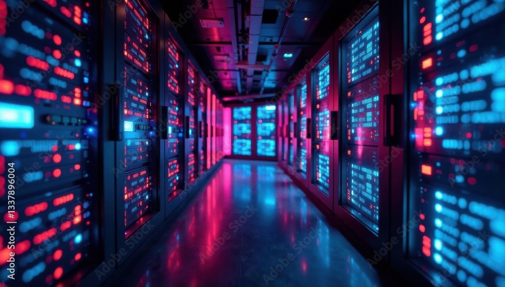 Futuristic server room with glowing network cables and data streams , cyber, data transmission