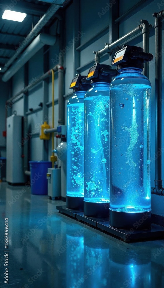 High-tech water purification plant, sleek design, science, efficiency, blue High-tech water purification plant, sleek design, science, efficiency, blue