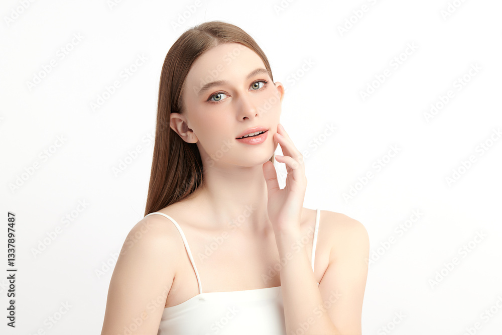 A beautiful young woman with clean, fresh skin against a white background. Skincare, facial treatment, cosmetology, beauty, and spa themes. An elegant portrait of an woman. A beautiful young woman with clean, fresh skin against a white background. Skincare, facial treatment, cosmetology, beauty, and spa themes. An elegant portrait of an woman.