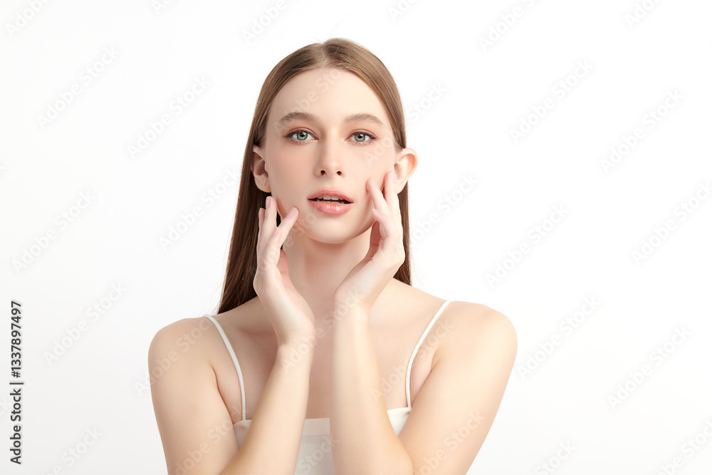 A beautiful young woman with clean, fresh skin against a white background. Skincare, facial treatment, cosmetology, beauty, and spa themes. An elegant portrait of an woman. A beautiful young woman with clean, fresh skin against a white background. Skincare, facial treatment, cosmetology, beauty, and spa themes. An elegant portrait of an woman.