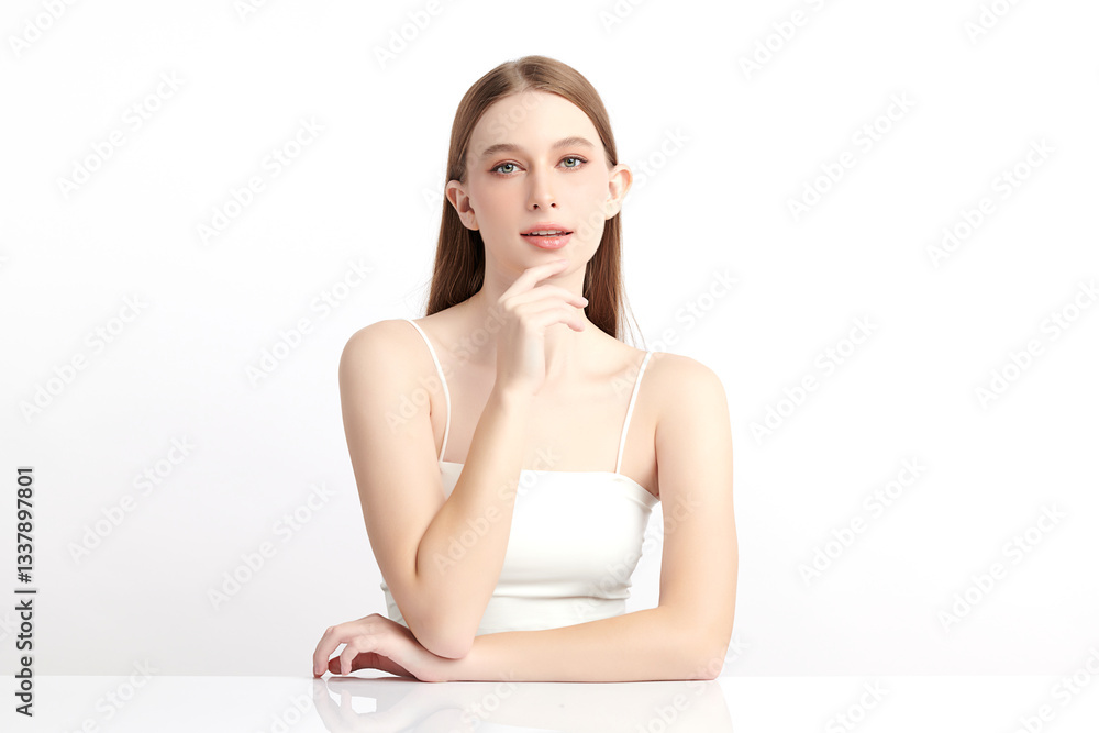 A beautiful young woman with clean, fresh skin against a white background. Skincare, facial treatment, cosmetology, beauty, and spa themes. An elegant portrait of an woman. A beautiful young woman with clean, fresh skin against a white background. Skincare, facial treatment, cosmetology, beauty, and spa themes. An elegant portrait of an woman.