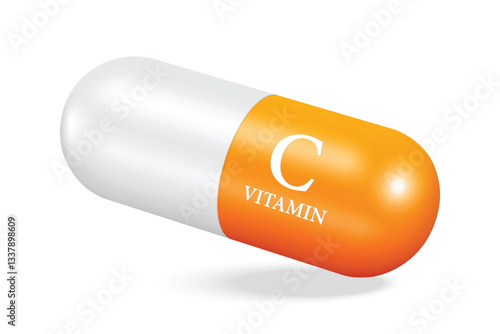 Orange extract vitamin C pill or supplement capsule on white background for beauty or health or medical banner for advertisement design, vector 3d illustration isolated for advertising design