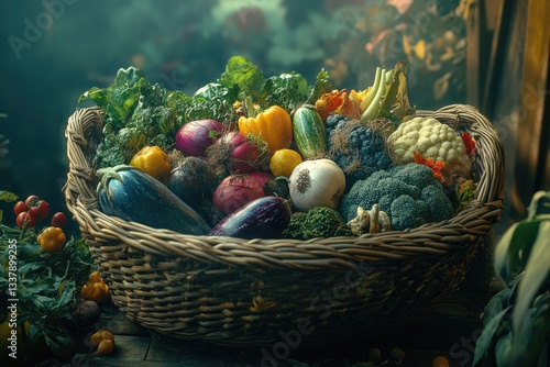 A basket of diverse heirloom vegetables harvested from a regenerative farm