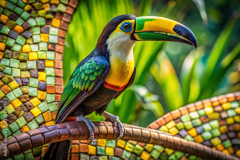 Obraz premium Vibrant Mosaic Toucan Sculpture on Branch - Detailed Tilework & Colorful Plumage
