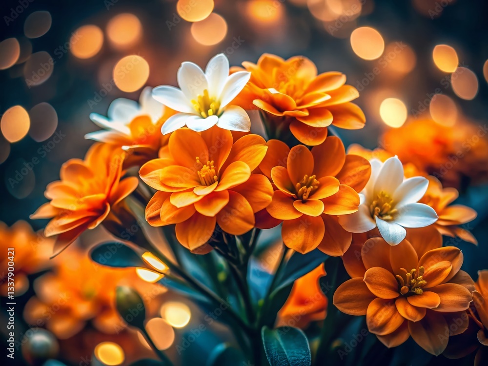 Vibrant Orange and White Blossoms with Bokeh, Dark Background Stock Photo Vibrant Orange and White Blossoms with Bokeh, Dark Background Stock Photo