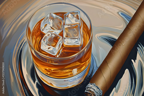 Whiskey, ice, cigar, reflective surface, relaxing evening