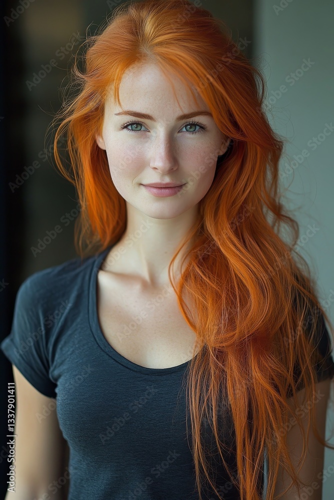 Fototapeta premium A young woman with lively copper-red wavy hair, minimal makeup, and a black top stands in front of a neutral background, showcasing professional hair color and styling