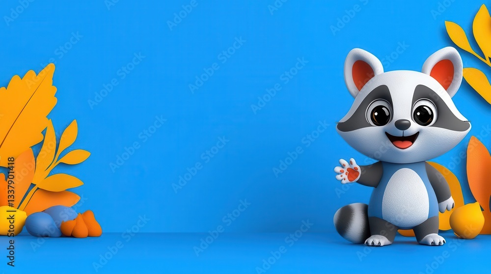 Cute cartoon raccoon with colorful leaves on a bright blue background. Cute cartoon raccoon with colorful leaves on a bright blue background.