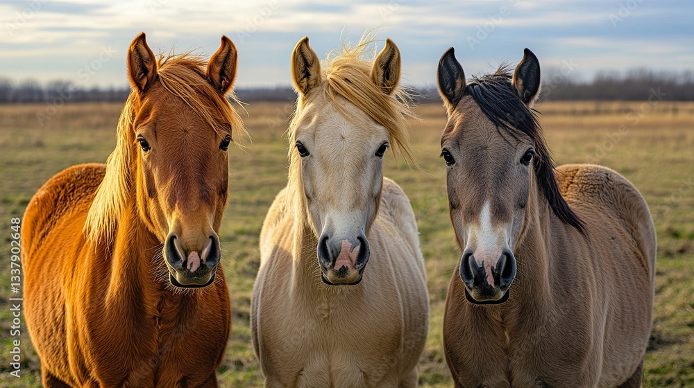 Fototapeta premium Group of three young horses on the pasture 