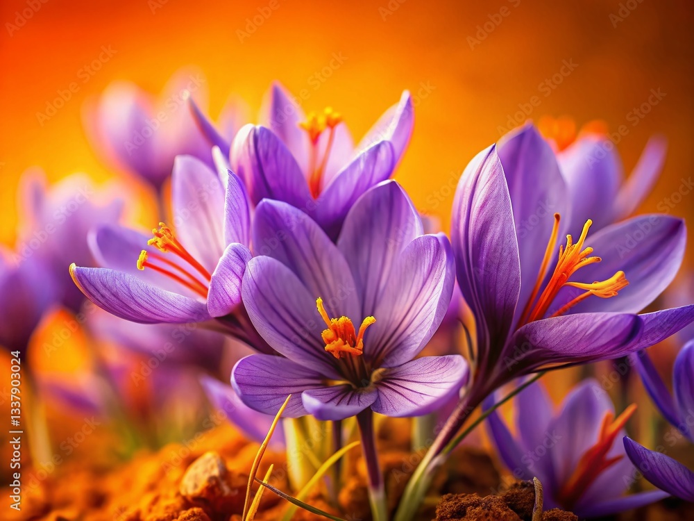 Naklejka premium Vibrant Purple Saffron Flowers Close-Up, Soft Orange Background, Nature Photography