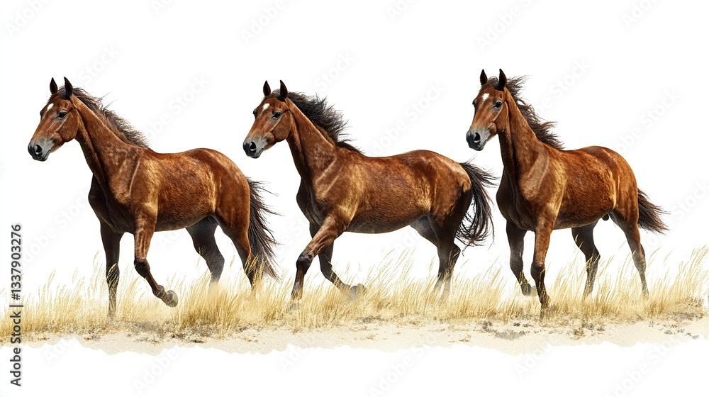 Obraz premium Group of three young horses on the pasture, on white background