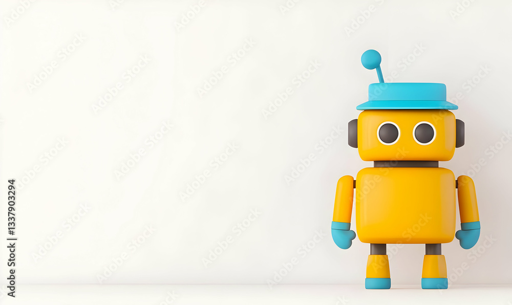Cute Cartoon Robot with Blue Hat and Friendly Expression on White Background Cute Cartoon Robot with Blue Hat and Friendly Expression on White Background