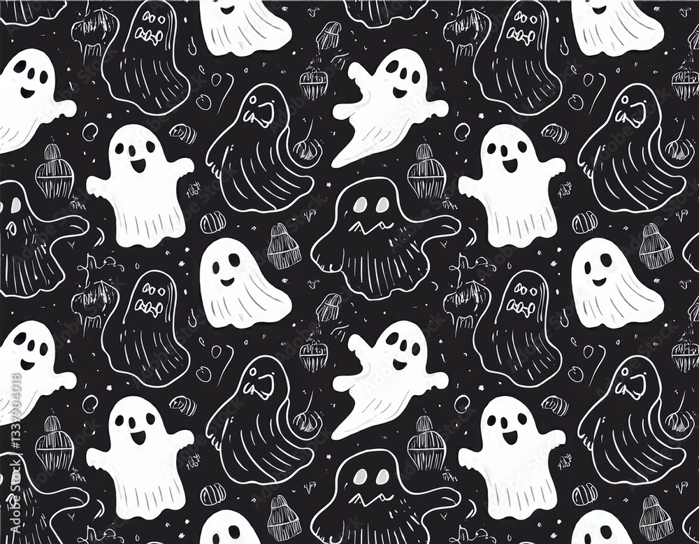 Obraz premium Halloween modern ghost cartoon seamless pattern illustration. Black and white October holiday