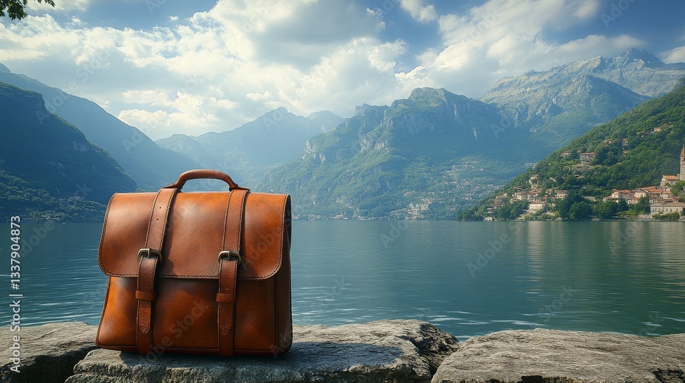 A brown leather backpack rests on the rocky shore of an alpine lake, with turquoise water and mountain peaks in the background, evoking an outdoor adventure and travel concept A brown leather backpack rests on the rocky shore of an alpine lake, with turquoise water and mountain peaks in the background, evoking an outdoor adventure and travel concept