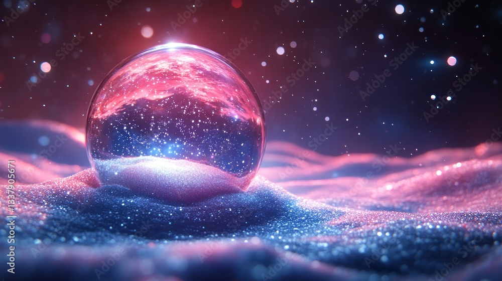 Obraz premium Crystal ball on snowy landscape with vibrant nebula reflections.