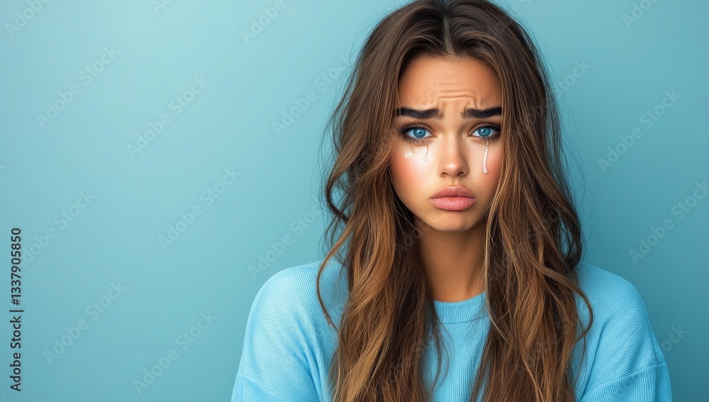 Fototapeta premium A young Caucasian woman displaying a grimace of disgust or displeasure, captured in a close-up portrait against a blue backdrop, highlighting her emotional response