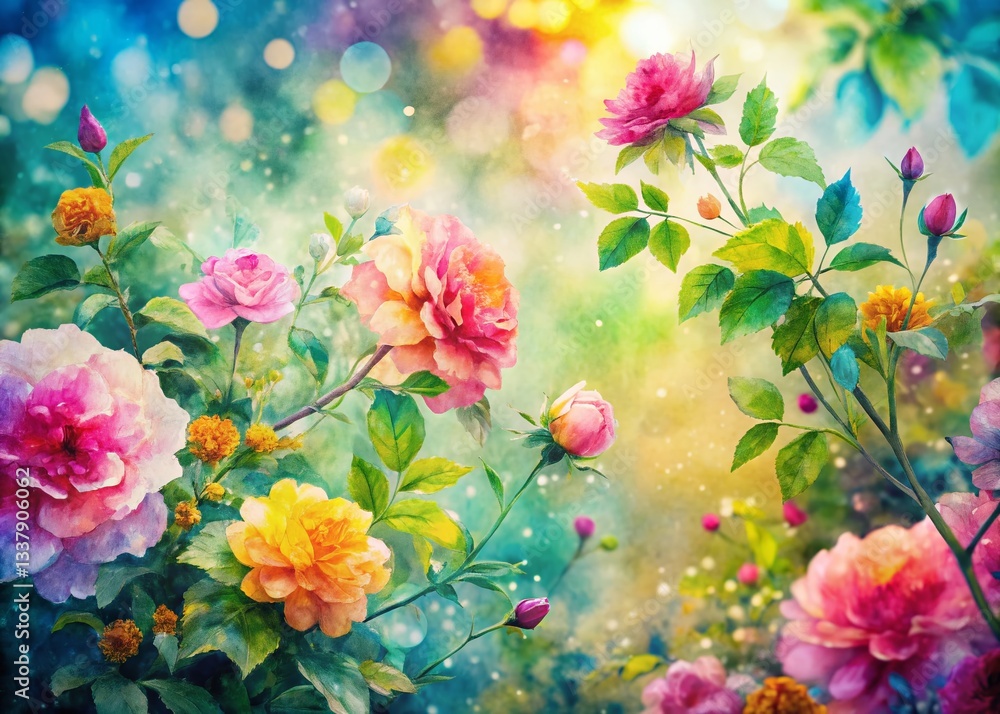 Obraz premium Vibrant Spring Watercolor Double Exposure: Floral Pattern for Creative Design Projects