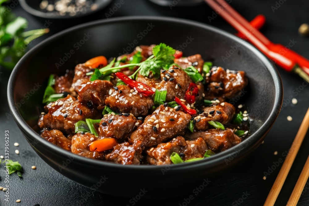 Asian cuisine with meat on a dark background in a restaurant
Asian cuisine with meat on a dark background in a restaurant