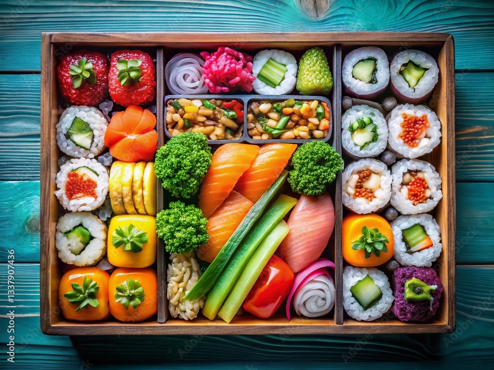 Vibrant Sushi Bento Box with Colorful Rolls, Close-up Vibrant Sushi Bento Box with Colorful Rolls, Close-up