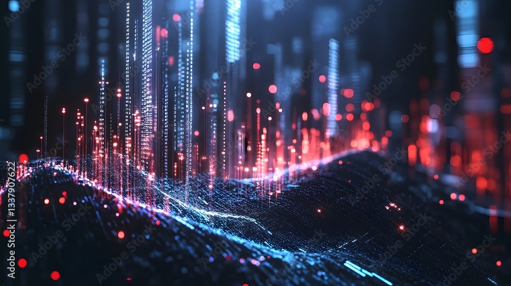 A computer generated image of a cityscape with a red and blue sky. The image is full of bright, glowing lines and dots, giving it a futuristic and otherworldly feel. The city is bustling with activity A computer generated image of a cityscape with a red and blue sky. The image is full of bright, glowing lines and dots, giving it a futuristic and otherworldly feel. The city is bustling with activity