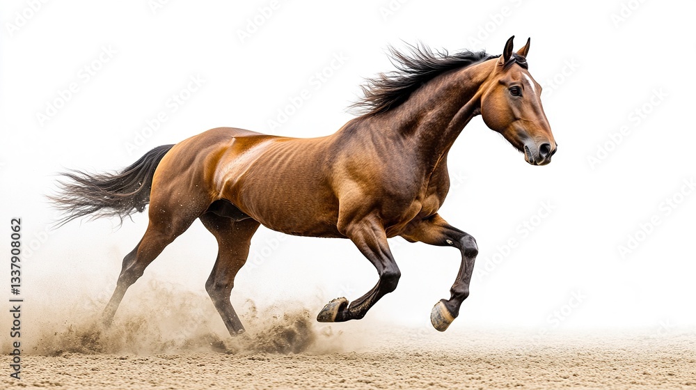 The elegant form of a bay horse captured in motion, hooves lifted off the ground, its deep brown coat contrasting against the stark white background, The elegant form of a bay horse captured in motion, hooves lifted off the ground, its deep brown coat contrasting against the stark white background,