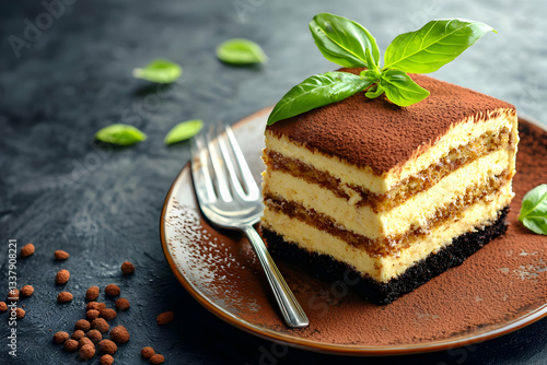 Tiramisu slice on plate, dark background, dessert