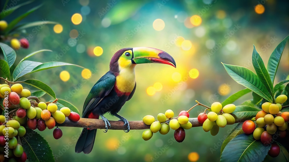 Obraz premium Vibrant Toucan on Branch with Ripe Fruit, Double Exposure Bokeh Background Stock Photo