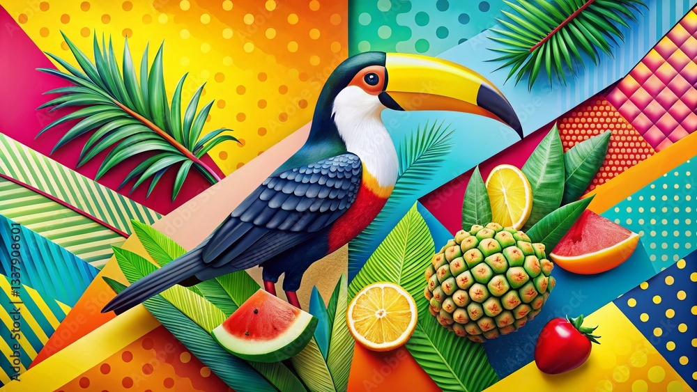Fototapeta premium Vibrant Toucan Pop Art Tropical Fruit Wallpaper