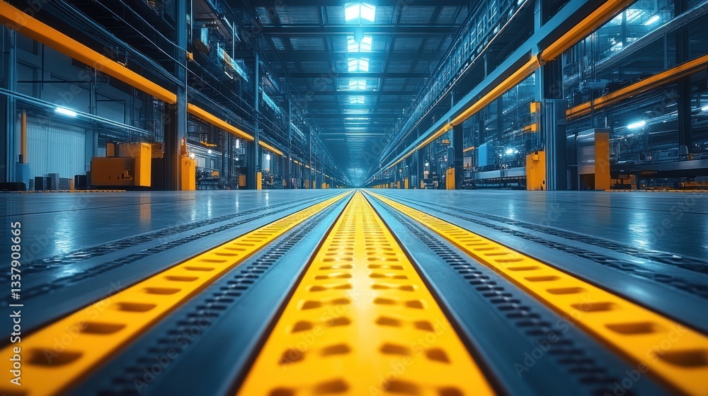 Fototapeta premium Industrial Factory Interior: Modern Manufacturing Plant with Automated Conveyor System