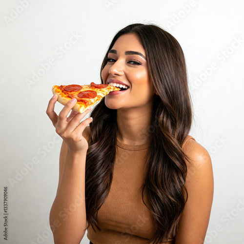  Woman eating a slice of pizza