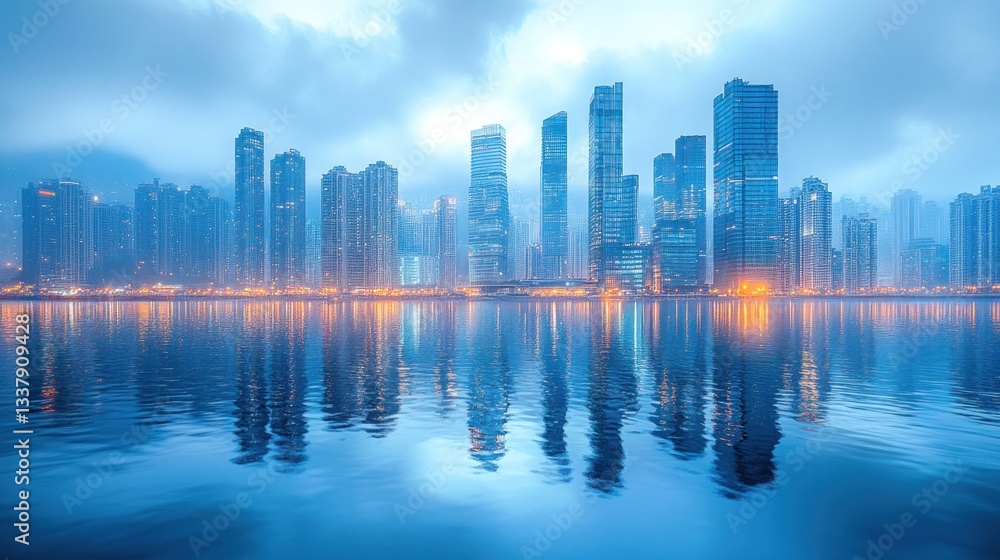 Fototapeta premium Cityscape Reflection: Modern Metropolis at Dawn