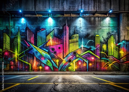 Vibrant Urban Graffiti Wall Art: Street Signs, Skyscrapers, & Neon Colors