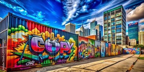 Vibrant Urban Graffiti Wall Art with Stacked Posters and Containers - City Street Scene