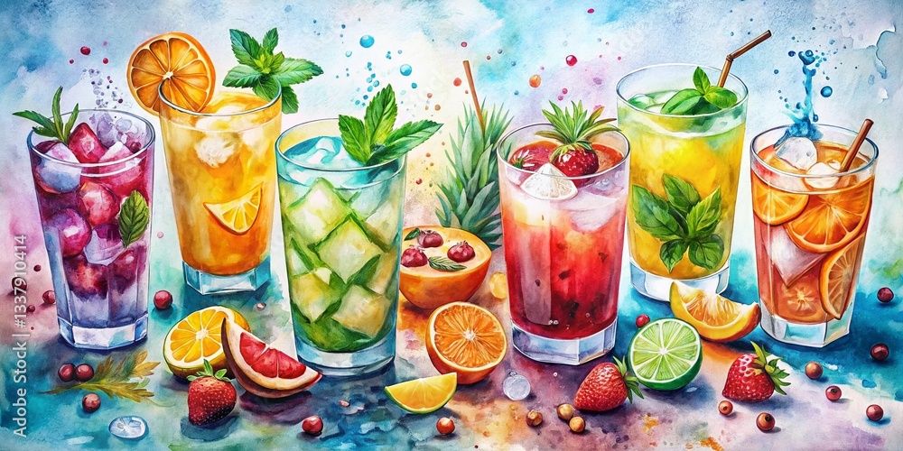 Fototapeta premium Vibrant Watercolor Exotic Drinks: Flat Lay Illustration of Refreshing Beverages