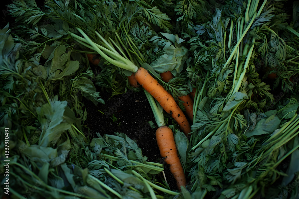 Fresh carrots with green leaves on dark soil. Food close up for cooking