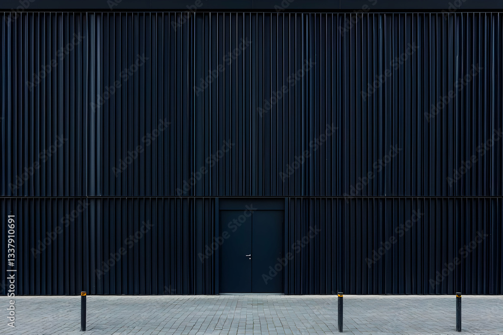 Modern building facade with dark panels and single door. Exterior. Potential use Architecture stock photo