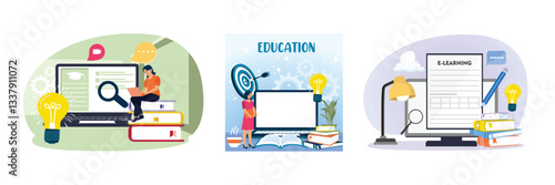 Illustration depicting the concept of online learning from home using a laptop and books.