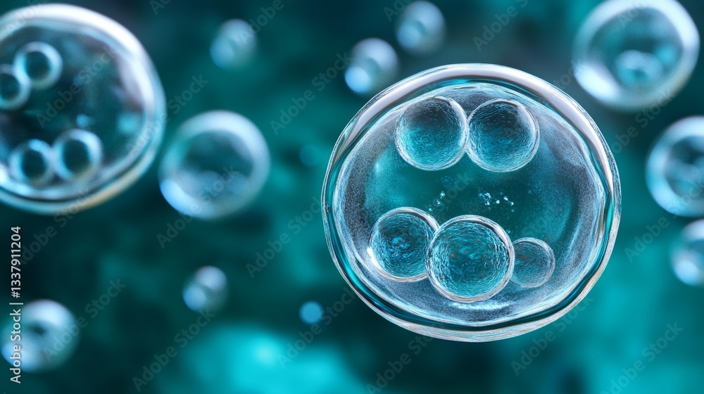 A close-up view of radiant turquoise cells or viruses drifting in the darkness, accompanied by water splashes and particles, illustrating a medical science background A close-up view of radiant turquoise cells or viruses drifting in the darkness, accompanied by water splashes and particles, illustrating a medical science background