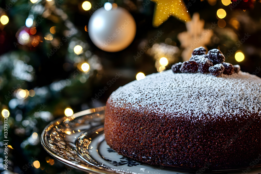 Festive cake, Christmas tree background, holiday dessert